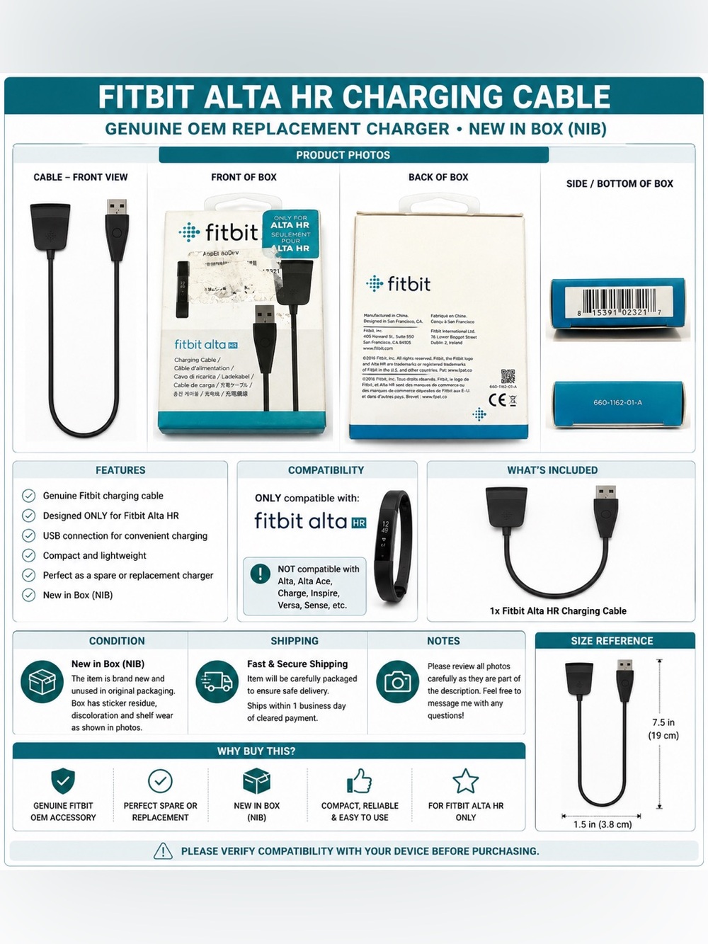 Fitbit Alta HR Charging Cable Genuine OEM Replacement Charger NIB